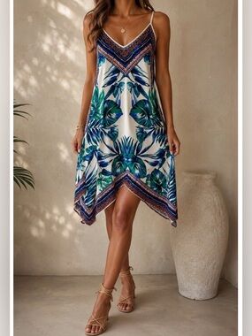 Flying Tomato Handkerchief Hem Midi Dress Womens S Tropical Palm Print